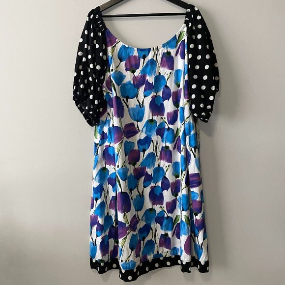 Handmade Plus Size Cotton Blue Floral Black White Polka Dot Dress - Picture 1 of 14